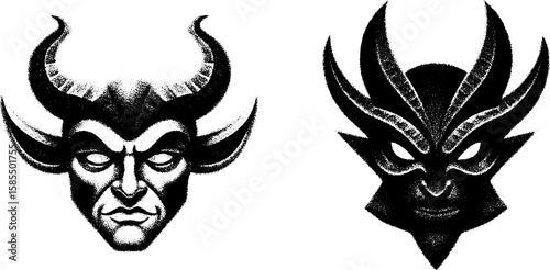 Engraved illustration set of wraith and shadow figures for gothic art design