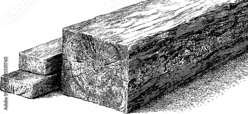 Engraved illustration of woodworking tools and saw techniques for artistic design