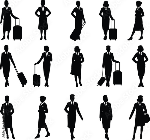 Flight attendant silhouettes with luggage, professional airline staff icons, aviation crew uniform illustration for travel, tourism, and airline industry.