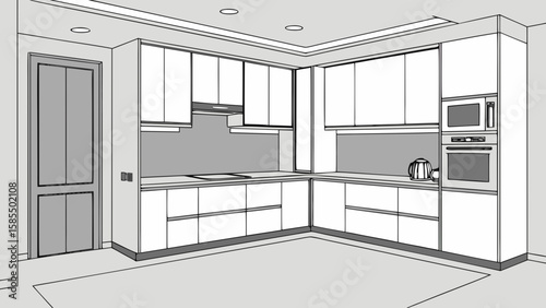 Modern l shaped kitchen interior design with cabinets and appliances isolated on white background