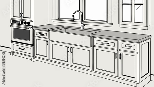 Modern farmhouse kitchen sink and cabinetry with oven isolated on white background