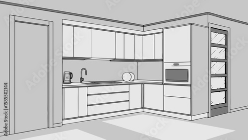 Modern kitchen interior design sketch with cabinets and appliances isolated on white background