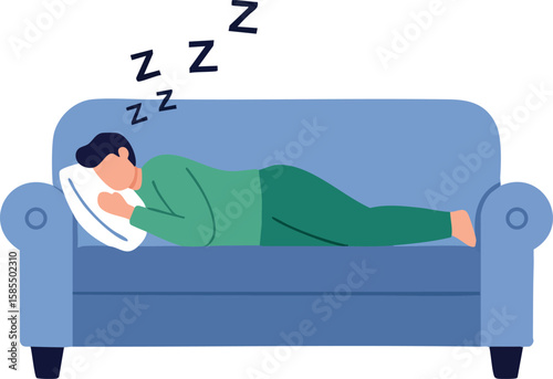 Man sleeping on blue couch resting peacefully in green pajamas with pillow vector illustration
