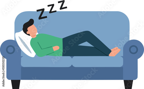 Man sleeping on blue couch resting comfortably with pillow and closed eyes relaxing at home