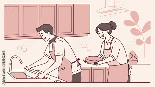 Couple happily washing dishes together in the kitchen isolated on white background