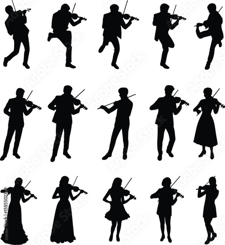 Silhouettes of male and female violinists performing, classical music concert vector, musician illustration, orchestra artist in elegant poses.