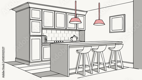 Modern kitchen interior design sketch with island and pendant lights isolated on white background