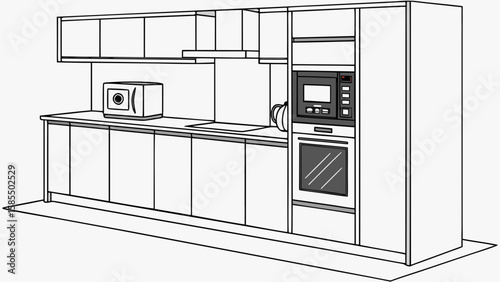 Modern kitchen cabinetry with integrated appliances and microwave isolated on white background