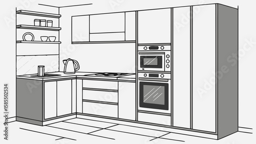 Modern kitchen interior design with built in appliances isolated on white background