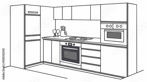 Modern kitchen interior design with appliances and cabinetry isolated on white background
