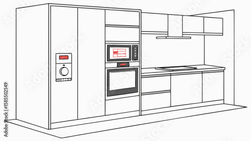 Modern kitchen interior design with built in appliances isolated on white background