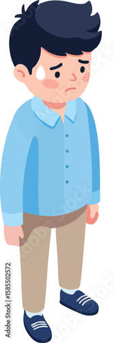 Sad boy standing in blue shirt and beige pants looking down with worried expression vector illustration