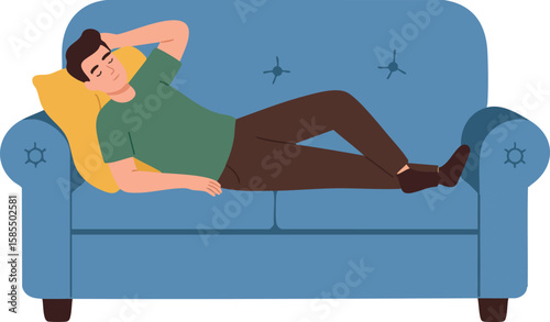 Man resting on blue sofa relaxing in comfortable casual green shirt and brown pants indoors