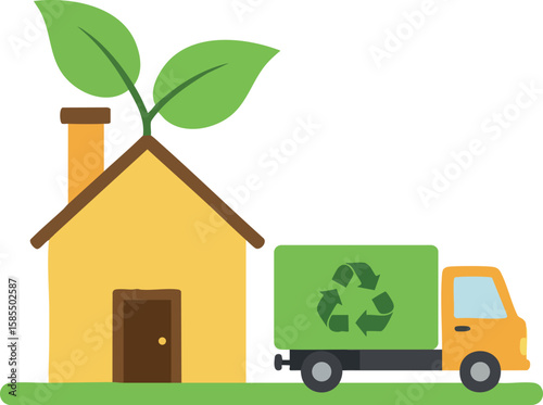 Eco friendly house with green leaves and recycling truck sustainability concept vector illustration