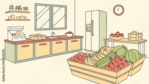 A charming illustration of a grocery store interior with fresh produce displayed isolated on white background