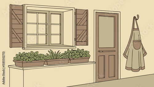 Exterior view of a house with a window door and hanging apron isolated on white background