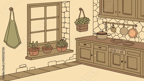 Cozy kitchen scene with window plants and hanging utensils isolated on white background