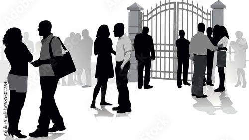 Silhouettes of people gathering near a gated entrance with pillars in a monochrome illustration style