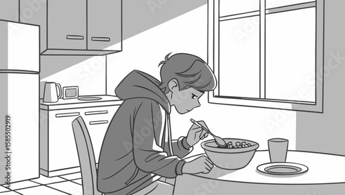 Young person eating breakfast in a kitchen isolated on white background