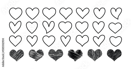 Set of hearts in black color, heart icons set vector, set of hearts different shapes for design. Heart collection. Vector art. Heart, love, romance hearts. Vector icons. Heart love symbol black