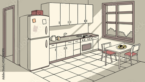 Cozy kitchen interior with refrigerator stove cabinets sink and dining table