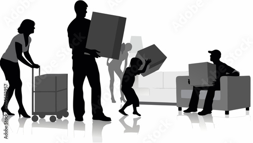 Family moving house with boxes and trolley, silhouettes of people and furniture on a white background