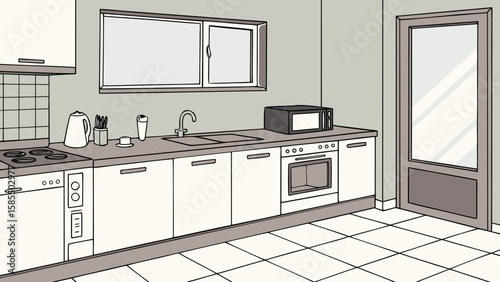 Modern kitchen interior with white cabinets sink stove microwave and window