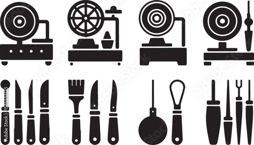 Industrial Machinery and Hand Tool Silhouettes — Crafting Equipment with Circular Components and Specialized Implements