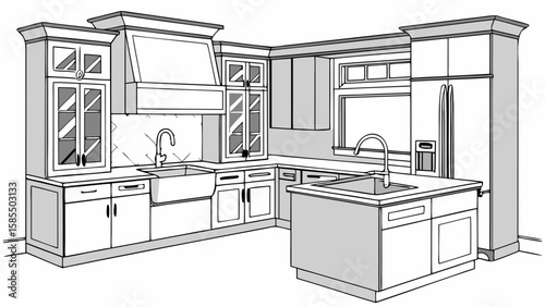 Modern kitchen design with island and farmhouse sink isolated on white background