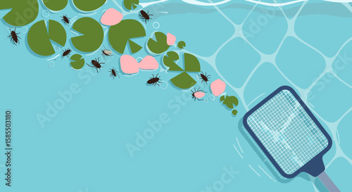Seasonal cleaning of pools with skimmer net, removing debris and bugs, seasonal cleaning of pools process is essential for water clarity.