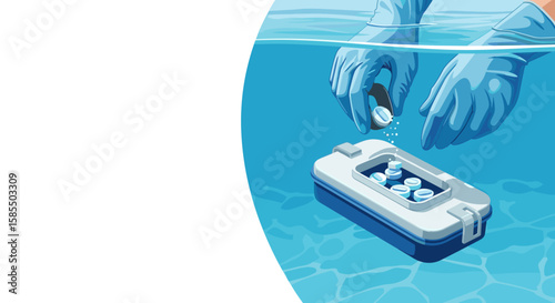 Seasonal cleaning of pools with disinfection tablets in water, for maintenance and hygiene. Seasonal cleaning ensures sparkling water for the pool, as part of routine upkeep and seasonal cleanup.
