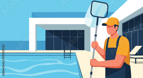 Depicting seasonal cleaning of pools with service worker and professional tools for pool maintenance. Seasonal cleaning of pools ensures pristine water quality and extends equipment lifespan.