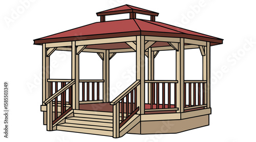 Wooden Gazebo with Red Roof Vector Illustration