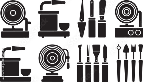 Silhouette Icons of Crafting and Industrial Tools — Pottery Wheels, Lever Presses, and Hand Carving Implements