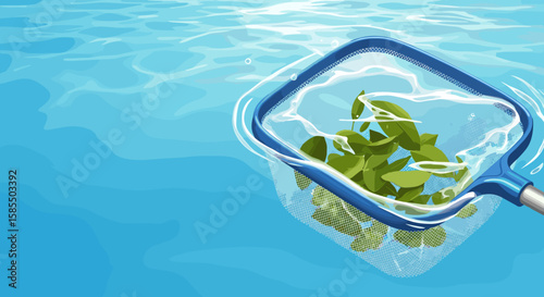 Seasonal cleaning of pools by removing leaves with skimmer. Seasonal cleaning of pools, showing a blue skimmer net capturing green leaves, highlights spring maintenance and upkeep.