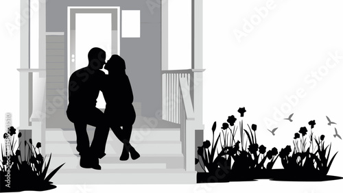 Silhouette of couple kissing on porch steps with floral border and flying birds in monochrome style