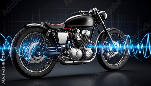 Black Custom Motorcycle with Sound Waves on Dark Background