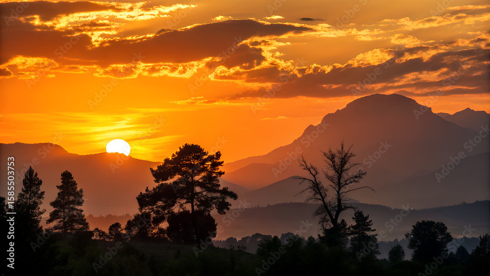Dramatic Mountain Landscape at Sunrise with Silhouette of Tree and Golden Sky Dramatic Mountain Landscape at Sunrise with Silhouette of Tree and Golden Sky