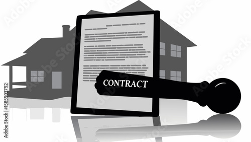 A contract stamped in front of a house silhouette representing a real estate agreement deal done