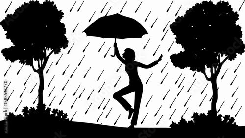Silhouette of a woman dancing in the rain with an umbrella between trees and bushes in black and white