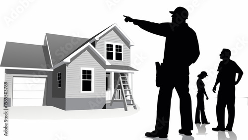 Construction manager pointing at a house with a ladder and two people in silhouette standing by