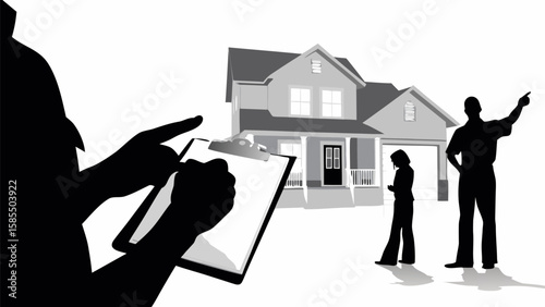 Silhouette of a person with clipboard inspecting a house while others stand nearby pointing at the property