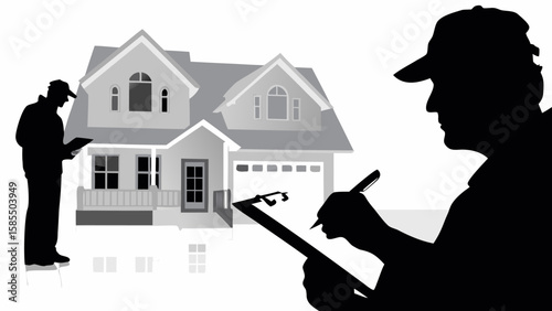 Two inspectors examining a house with one taking notes on a clipboard in silhouette form outdoors