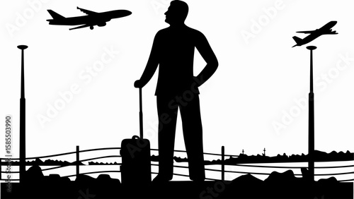 Silhouette of a man with luggage watching planes take off at an airport with fence and lights visible