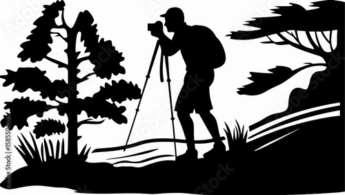 Silhouette of a photographer with a tripod in nature surrounded by trees and grass in black and white
