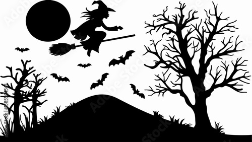 Silhouette of a witch flying on a broomstick with bats and trees under a full moon in the night sky