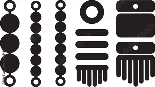 Black Silhouette Icons of Beads, Tags, and Decorative Elements Featuring Strings, Oblong Tags with Holes, and Fringed or Comb-Like Shapes