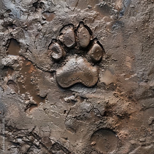 A single, clear dog paw print is pressed into wet, cracked mud. The detailed close-up highlights the texture of the earth and the distinct shape of the canine track, a sign of a recent journey