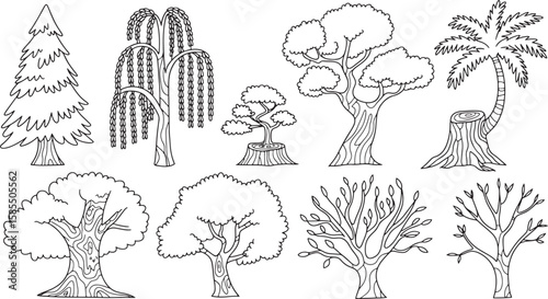 Arboreal Lineup Diverse Collection of Tree Illustrations Featuring Various Species and Forms in Black and White on Transparent