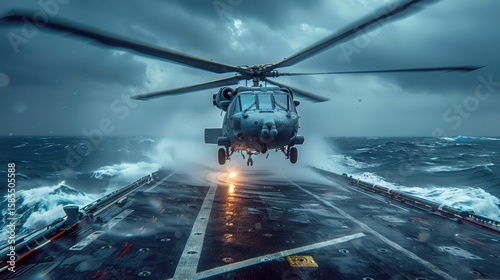 A Sikorsky MH-60 Seahawk helicopter hovers low over massive, stormy ocean waves, its crew visible inside. The scene is dramatic and powerful, conveying the danger and skill of a maritime mission